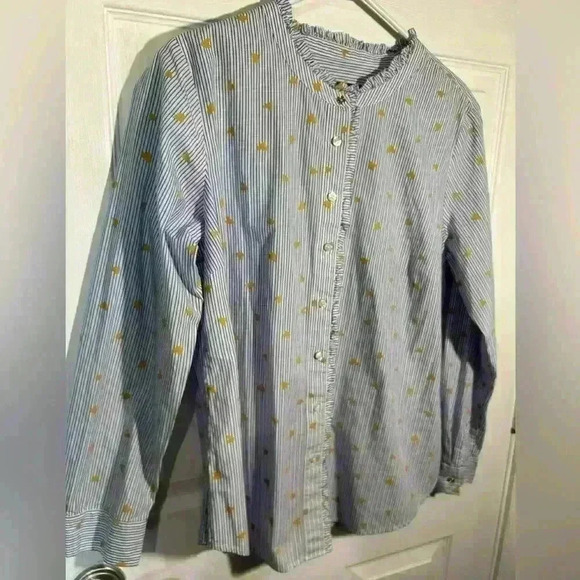 Talbots Button Up, Ruffle detail, Blue/White Stripe with Gold Hearts. Size Large - Picture 3 of 13